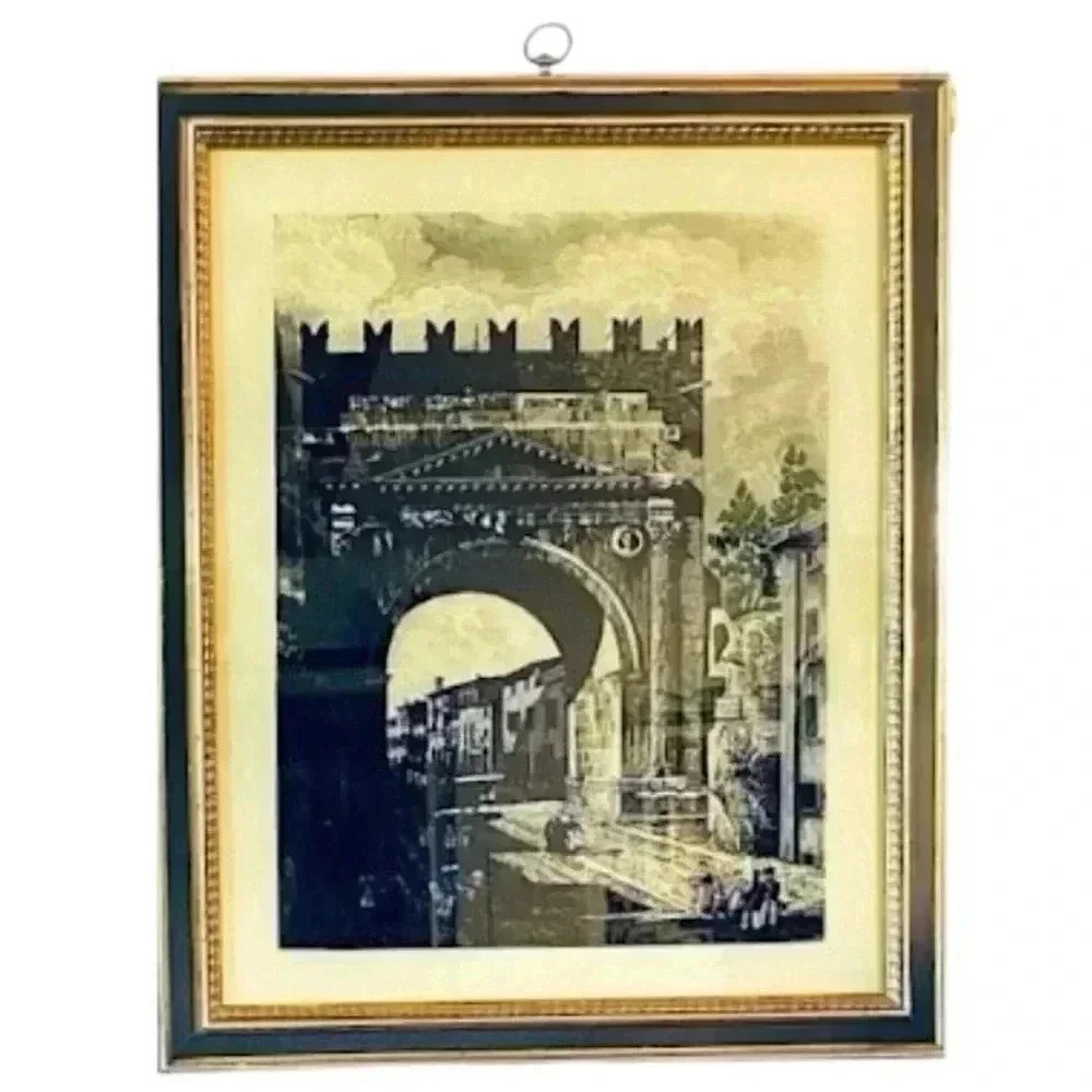 Vintage MCM Turner Hand Colored Italian Scene Glass Framed Artwork